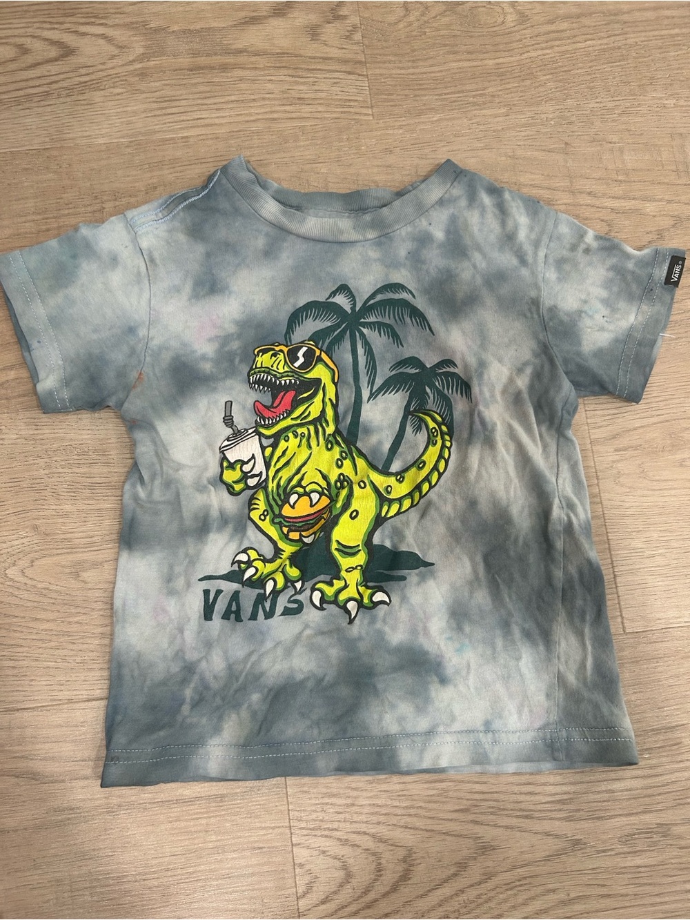 Vans Kids Gray-Blue Tie-Dye Tee with Neon Green Dino